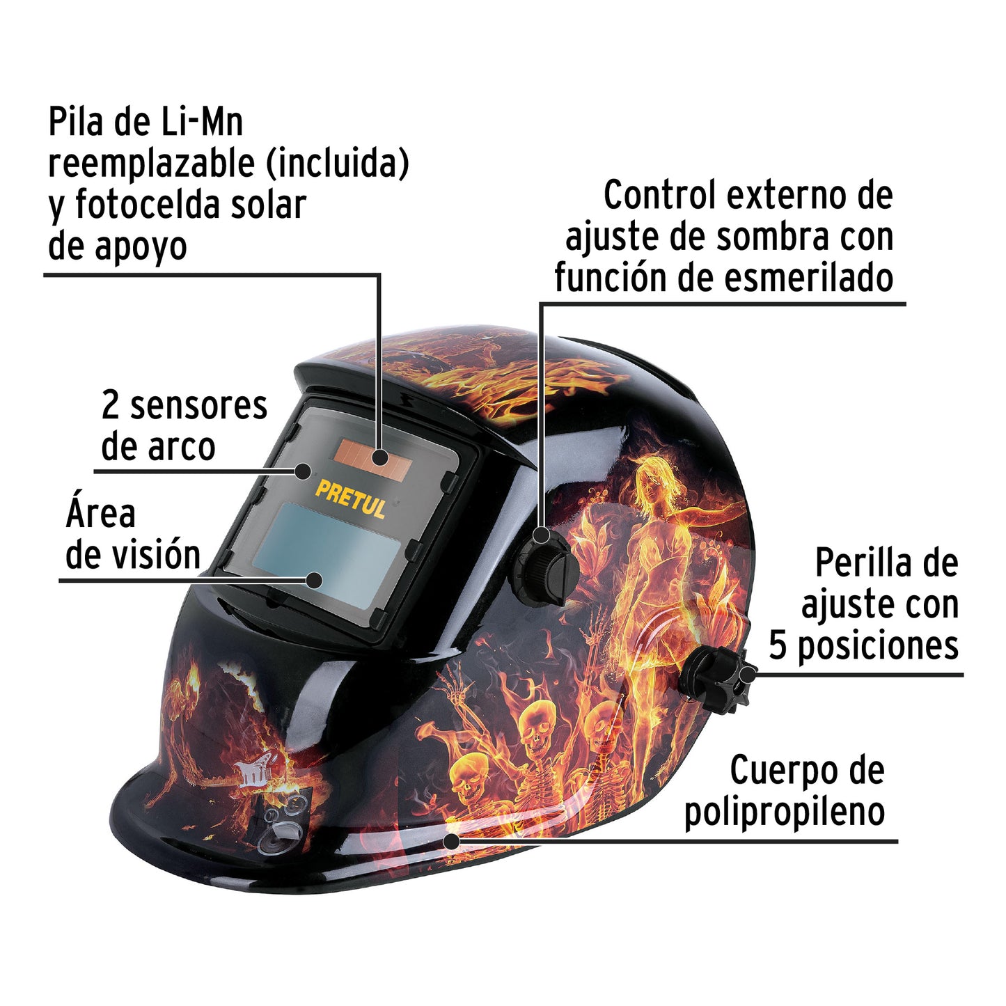 Careta electrónica p/soldar, fuego, sombra 9 a 13, PRETUL